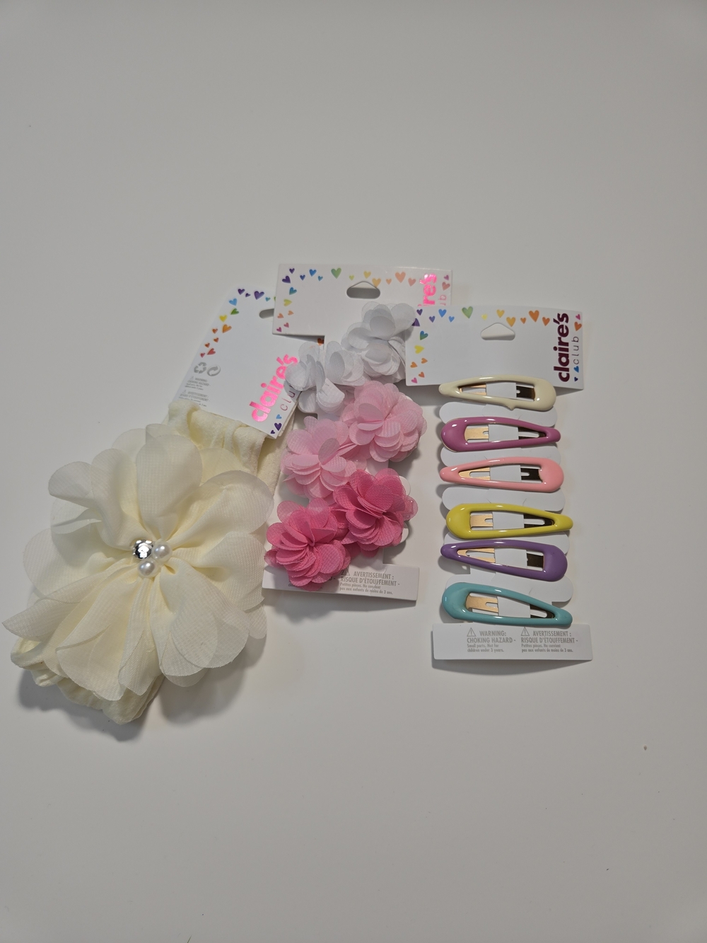 Claire's Pastel Flower Head Band, Hair Clip Set - Cream, Pink, White, Pastel Mix